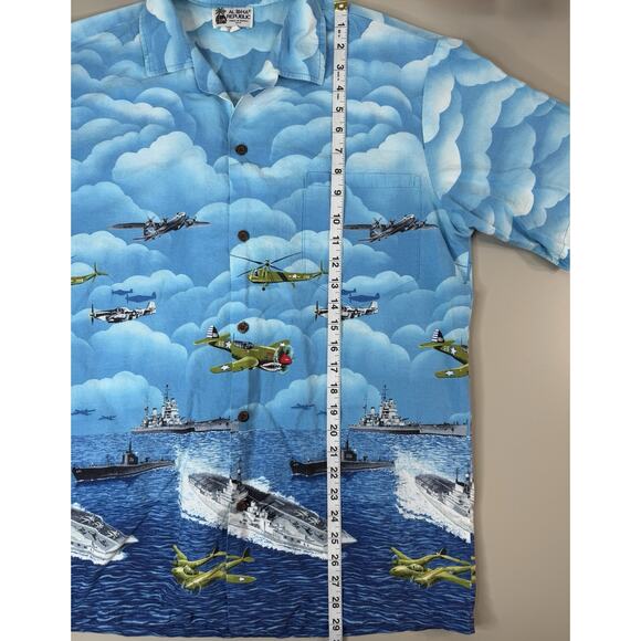 Aloha Republic Mens Military Plane Hawaiian Shirt L Ships Navy Tropical Vacation - Picture 7 of 10